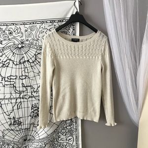 White and gold ruffle sleeve sweater